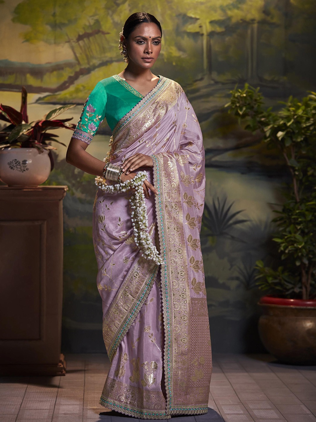 

MAHALASA Woven Design Zari Pure Silk Banarasi Saree, Purple