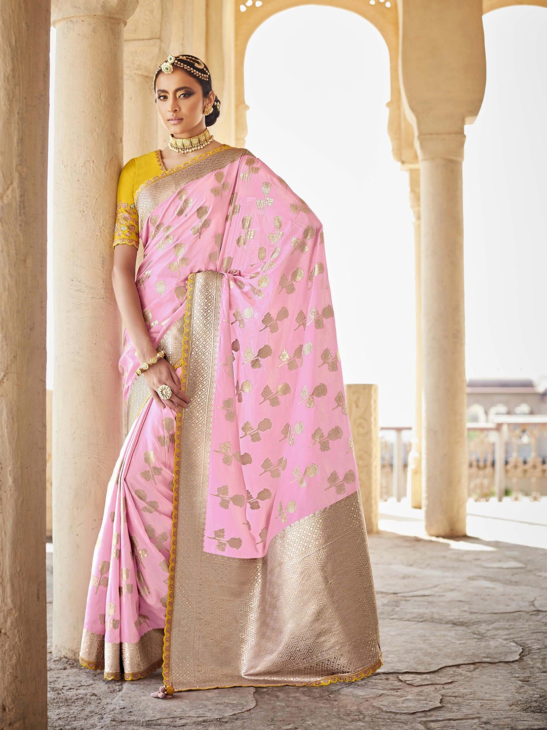 

MAHALASA Woven Design Zari Pure Silk Banarasi Saree, Pink
