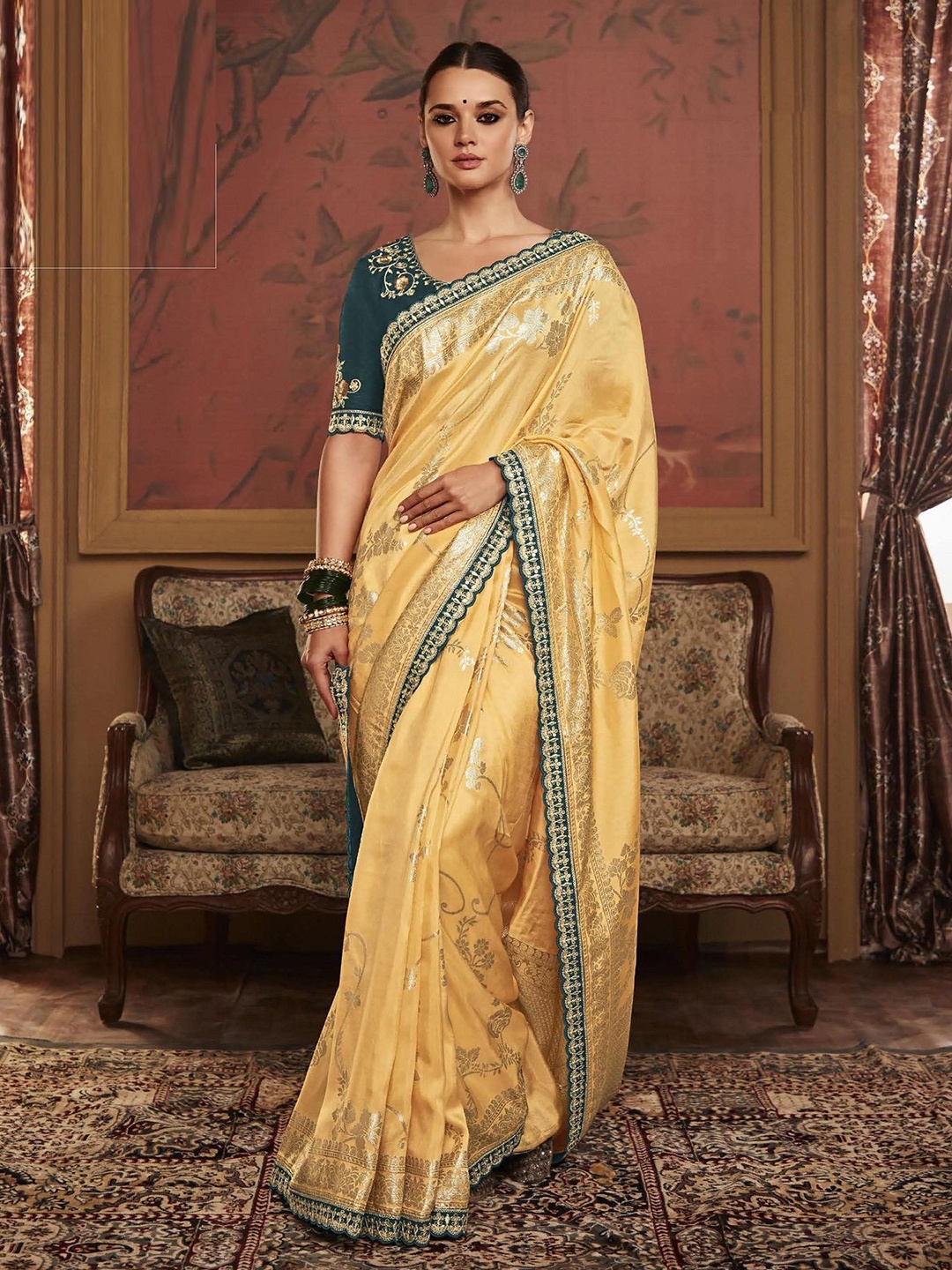

MAHALASA Ethnic Motifs Woven Design Zari Pure Silk Banarasi Saree, Yellow
