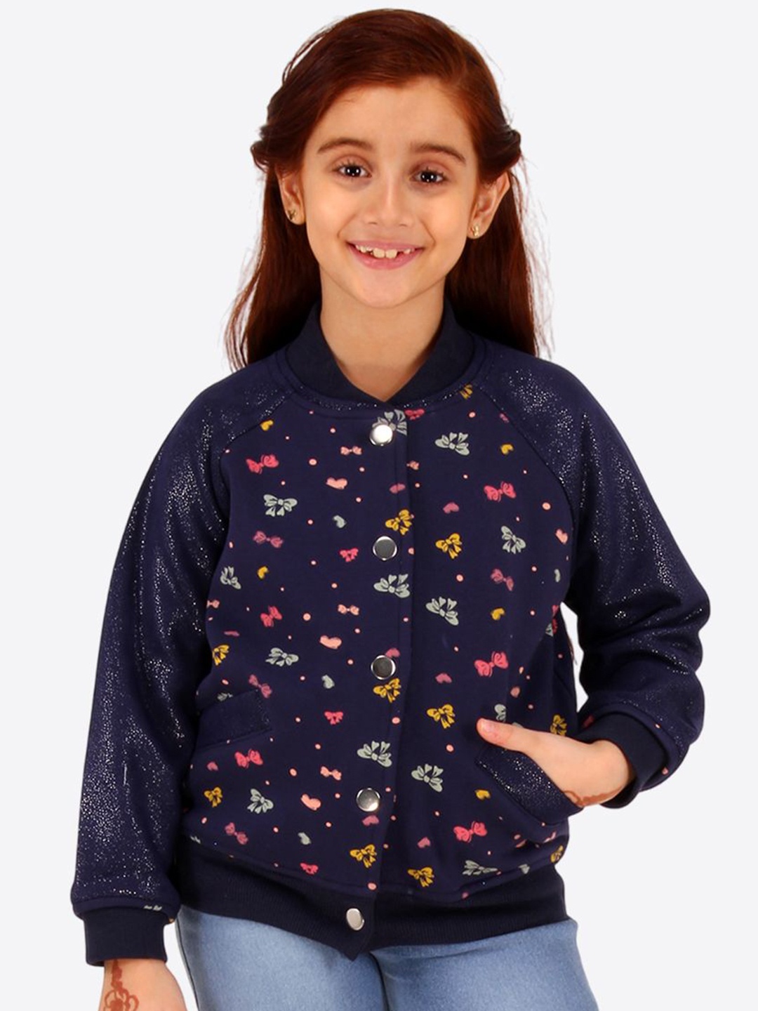 

CUTECUMBER Girls Stand Collar Conversational Printed Faux Fur Casual Bomber Jacket, Navy blue