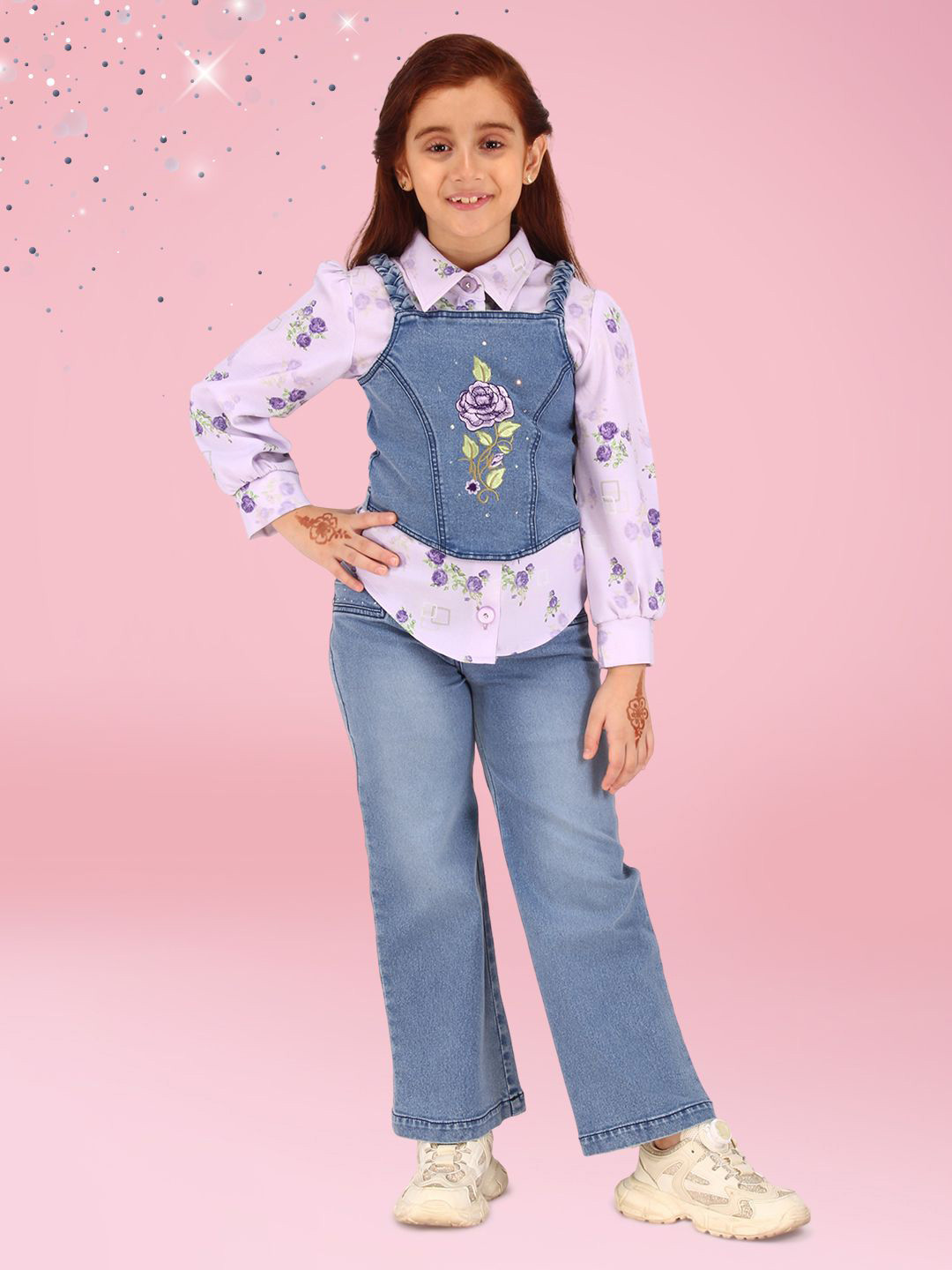 

CUTECUMBER Girls Floral Printed Denim Top With Trousers & Shirt, Blue