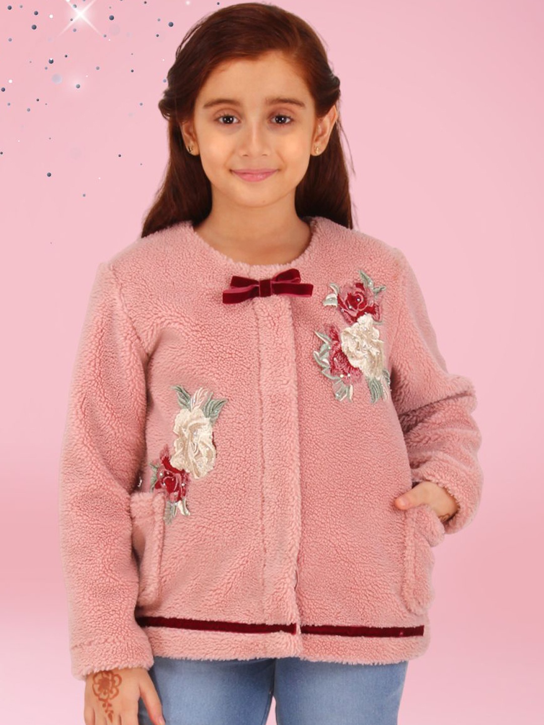 

CUTECUMBER Girls Collarless Self Design Casual Parka Jacket, Pink