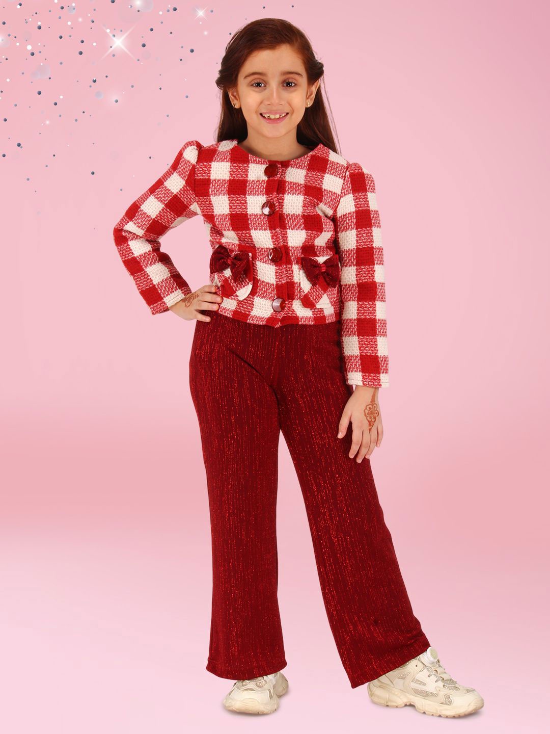 

CUTECUMBER Girls Checked Round Neck Pure Wool Coat With Trousers, Maroon