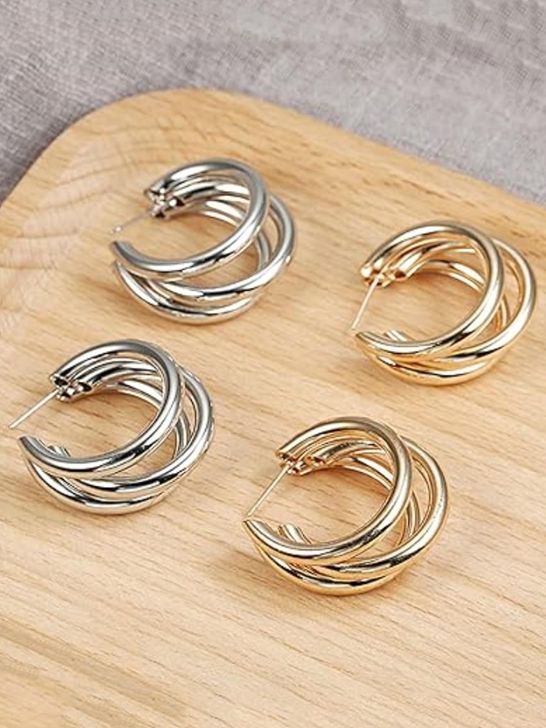 

DN Creation Set Of 2 Gold Silver Plated Contemporary Twisted Layered Hoop Earrings