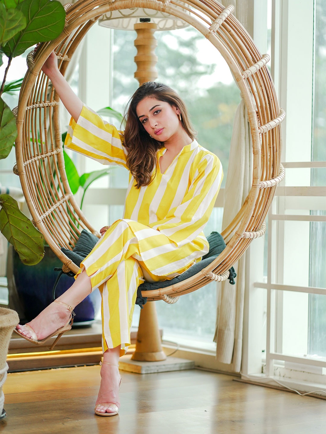 

DIMPLE DESIGN STUDIO Mandarin Collar Striped Pure Cotton Tunic With Trouser, Yellow