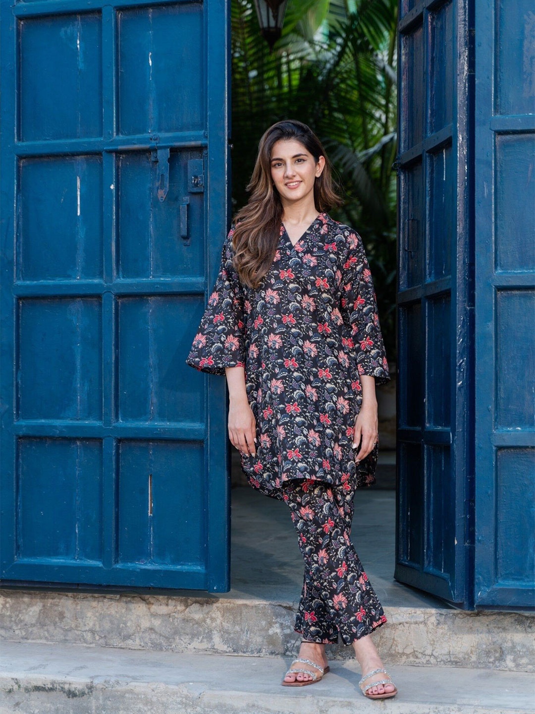 

DIMPLE DESIGN STUDIO Glaze Printed Pure Cotton Tunic & Trousers Co-ords, Black