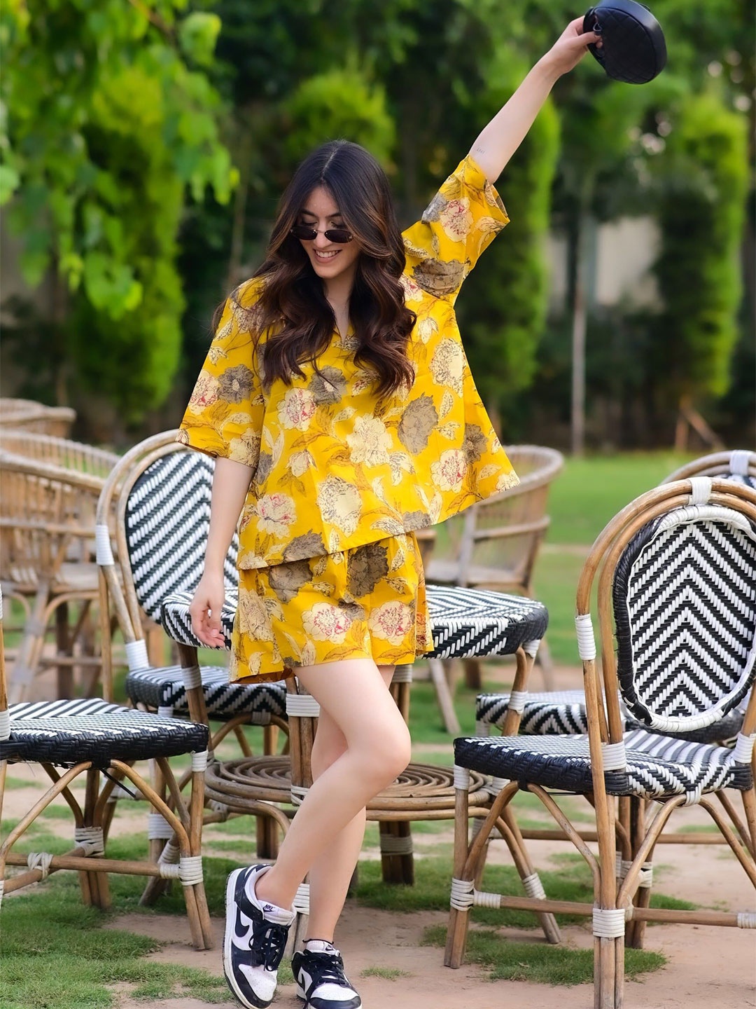 

DIMPLE DESIGN STUDIO Shirt Collar Printed Pure Cotton Neck Top With Shorts, Yellow