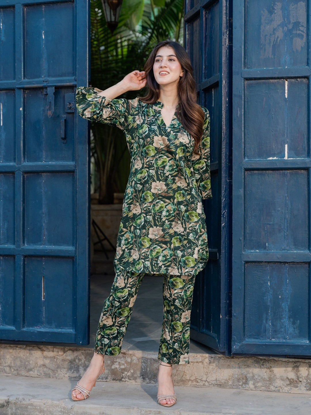 

DIMPLE DESIGN STUDIO Floral Printed Pure Cotton Tunic & Trouser, Green