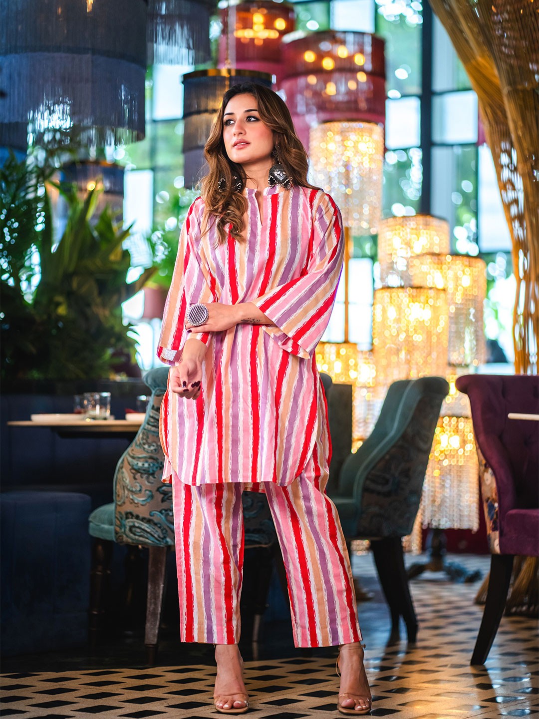 

DIMPLE DESIGN STUDIO Mandarin Collar Striped Pure Cotton Tunic & Trouser, Pink