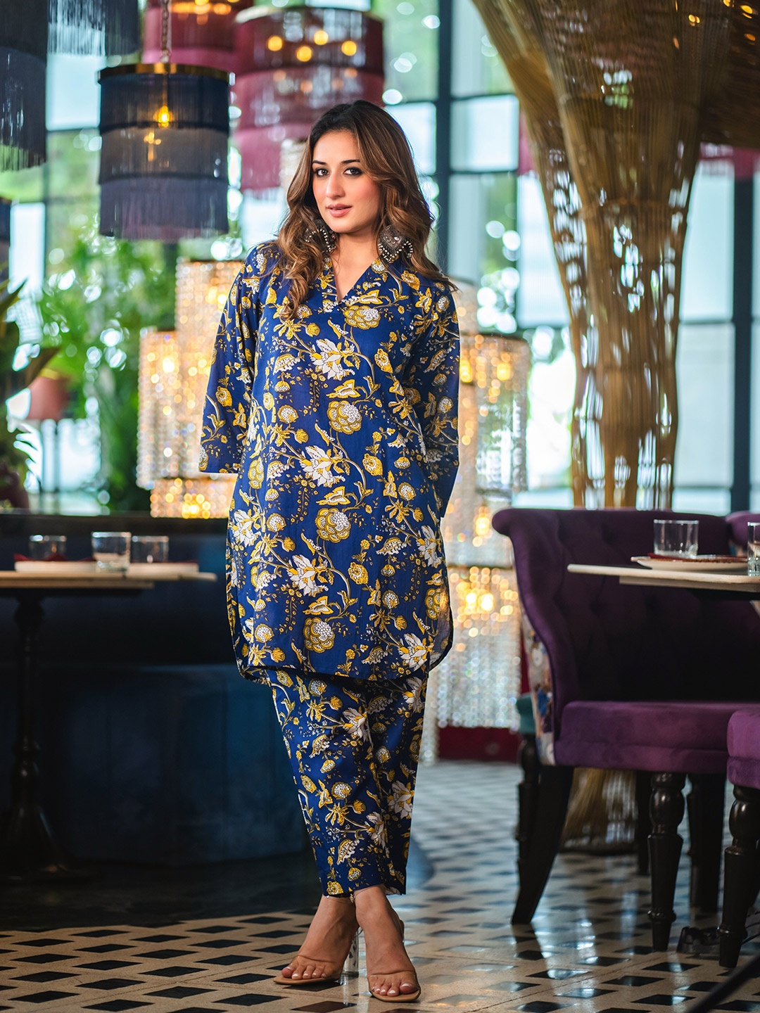 

DIMPLE DESIGN STUDIO Floral Printed Pure Cotton Tunic With Trouser, Blue