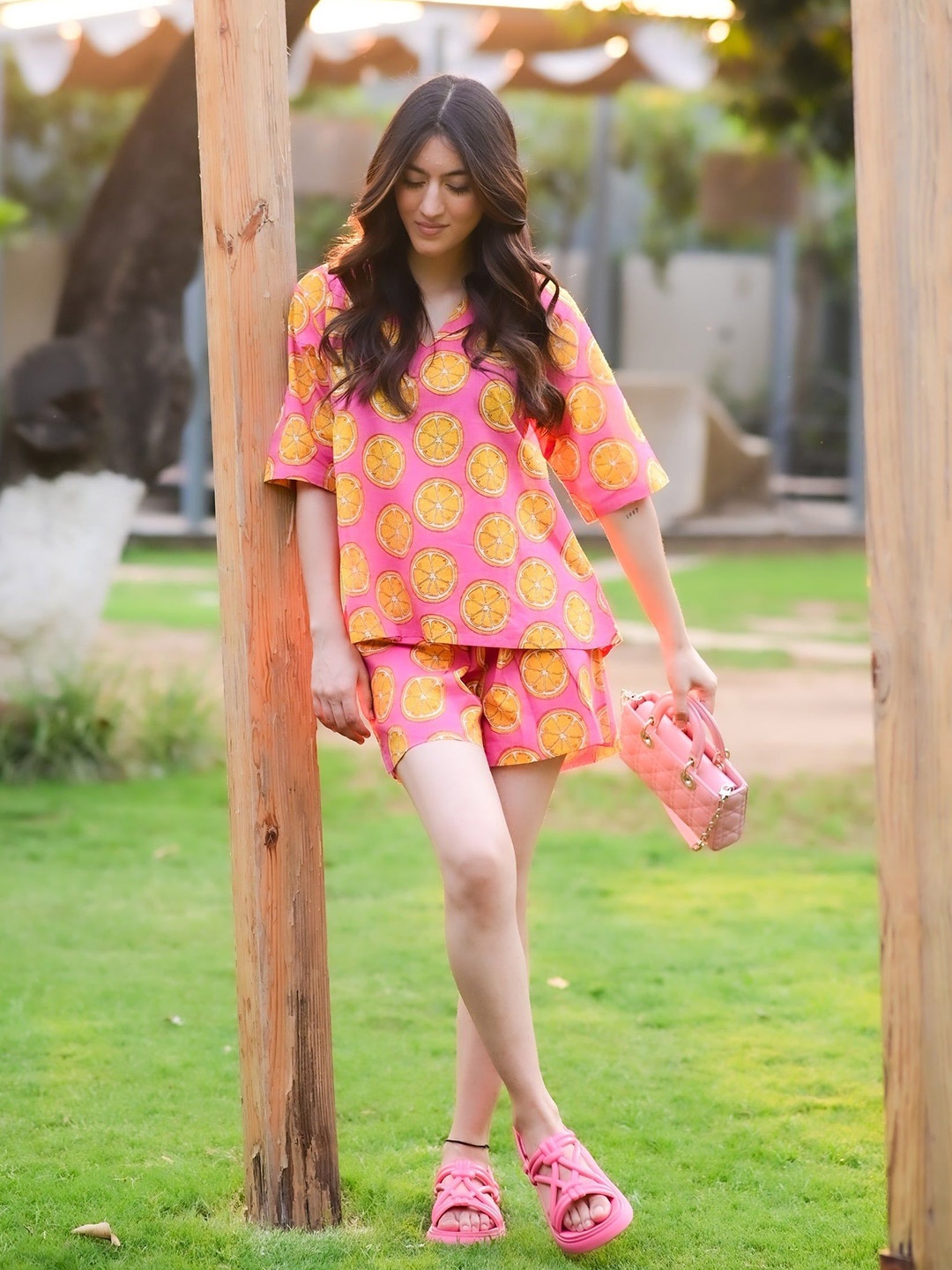 

DIMPLE DESIGN STUDIO Printed Pure Cotton Shirt Collar Top With Shorts, Pink