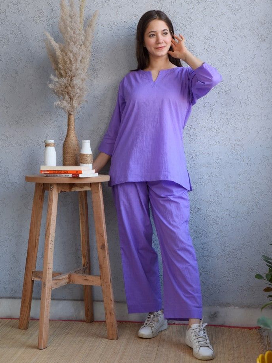 

DIMPLE DESIGN STUDIO Notch Neck Pure Cotton Tunic With Trouser, Purple