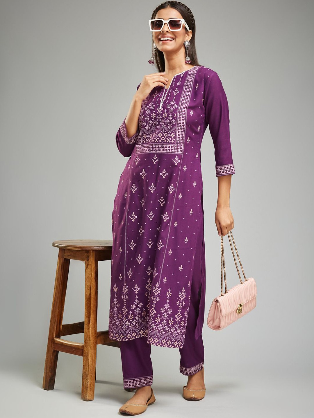 

KALINI Ethnic Motifs Printed Straight Kurta with Trousers & Dupatta, Purple