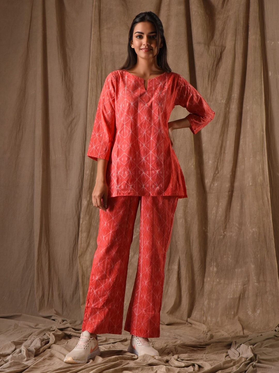 

DIMPLE DESIGN STUDIO Printed Notch Neck Pure Cotton Tunic & Trouser, Red