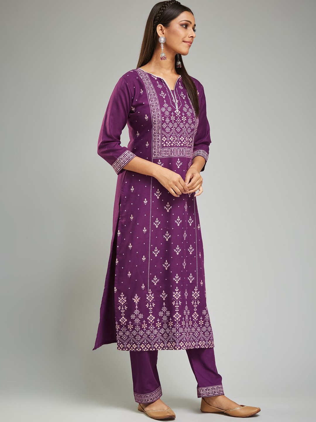 

KALINI Ethnic Motifs Printed Straight Kurta With Trousers & Dupatta, Purple