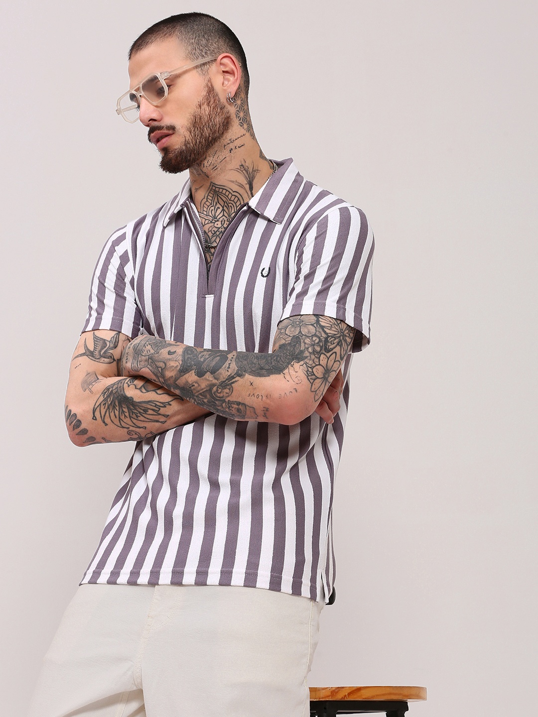 

SHOWOFF Men Striped Polo Collar Cotton T-shirt, White