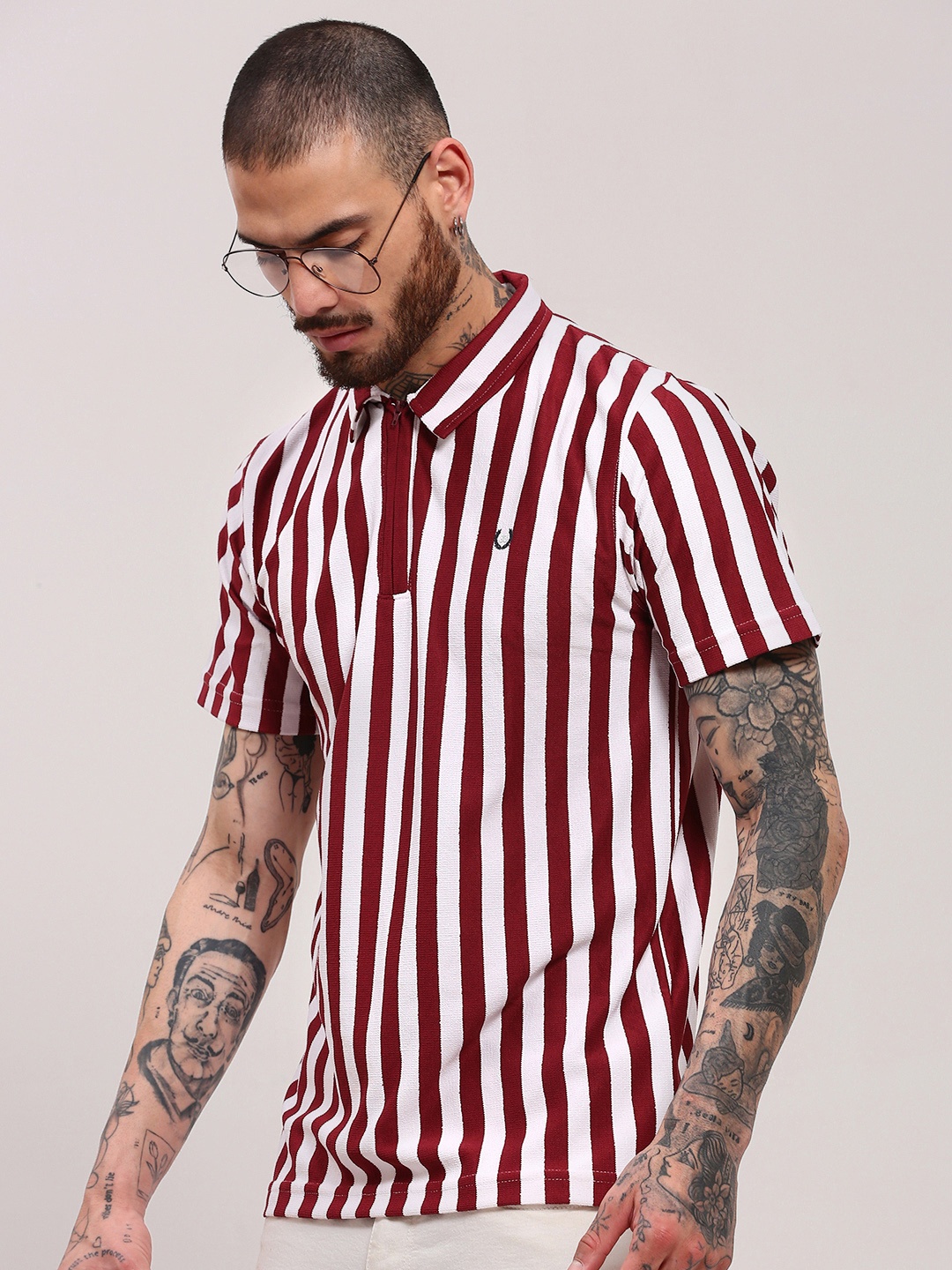 

SHOWOFF Men Striped Polo Collar Cotton T-shirt, White