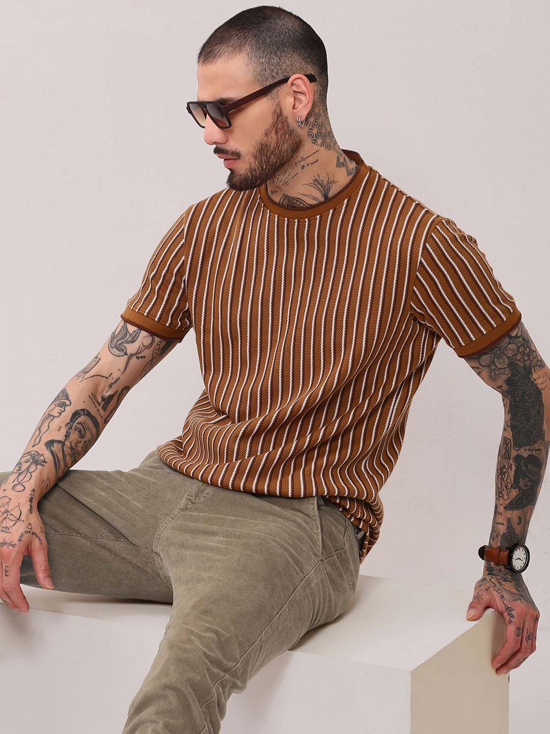 

SHOWOFF Men Striped Round Neck Cotton T-shirt, Rust