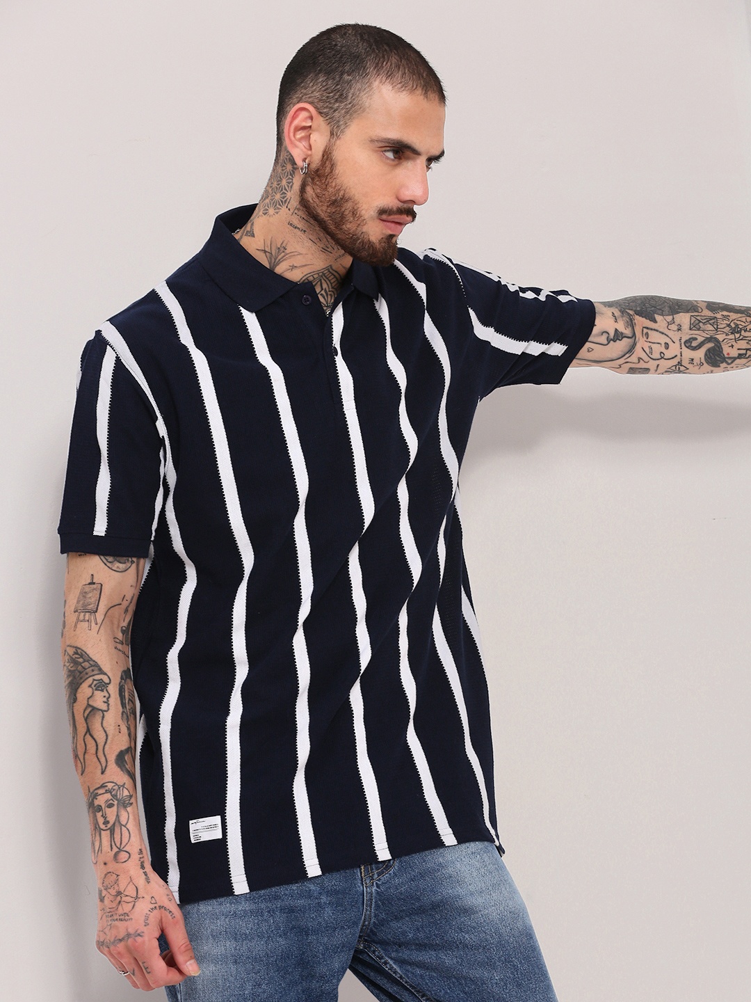 

SHOWOFF Men Striped Polo Collar Cotton T-shirt, Navy blue