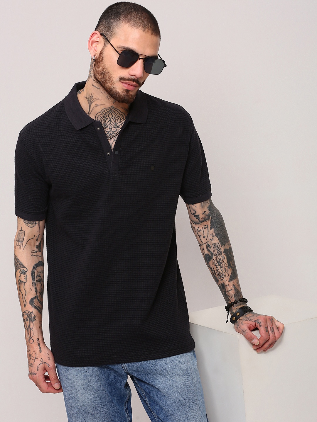 

SHOWOFF Men Self Design Polo Collar Relaxed Fit Cotton T-shirt, Black