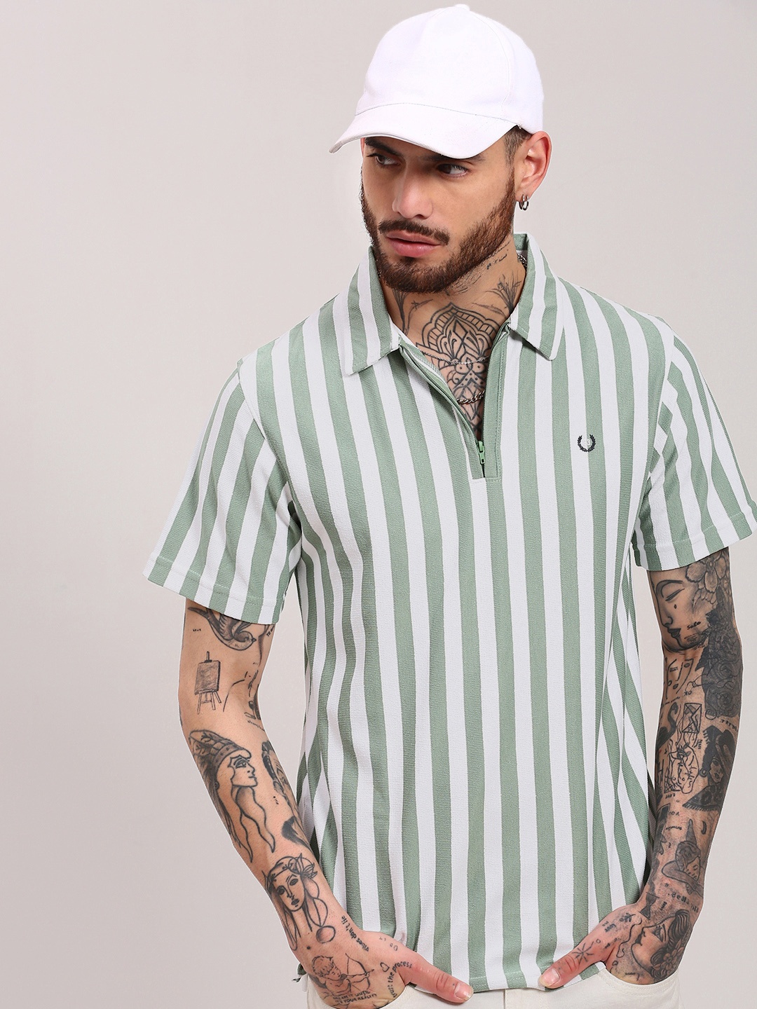 

SHOWOFF Men Striped Polo Collar Cotton T-shirt, Sea green