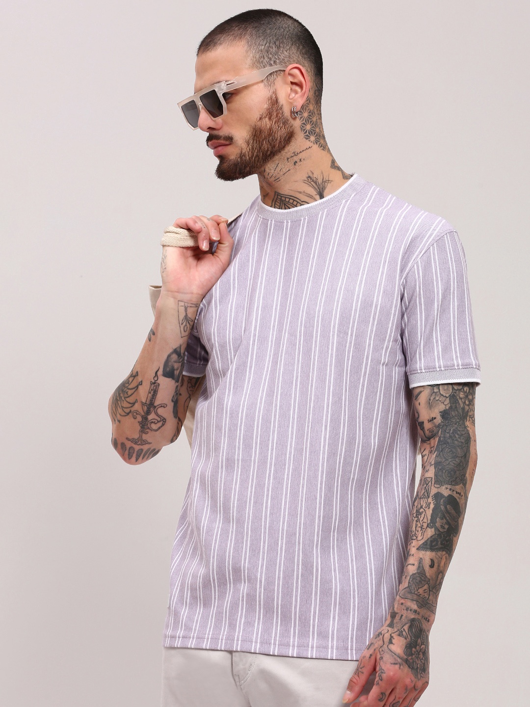 

SHOWOFF Men Striped Round Neck Cotton T-shirt, Lavender