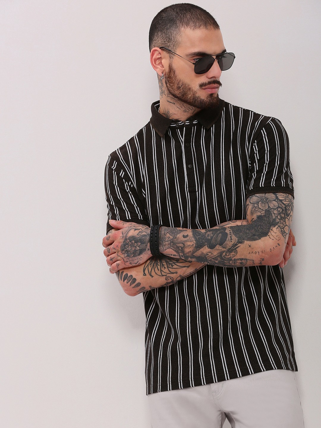 

SHOWOFF Men Striped Polo Collar Cotton T-shirt, Black