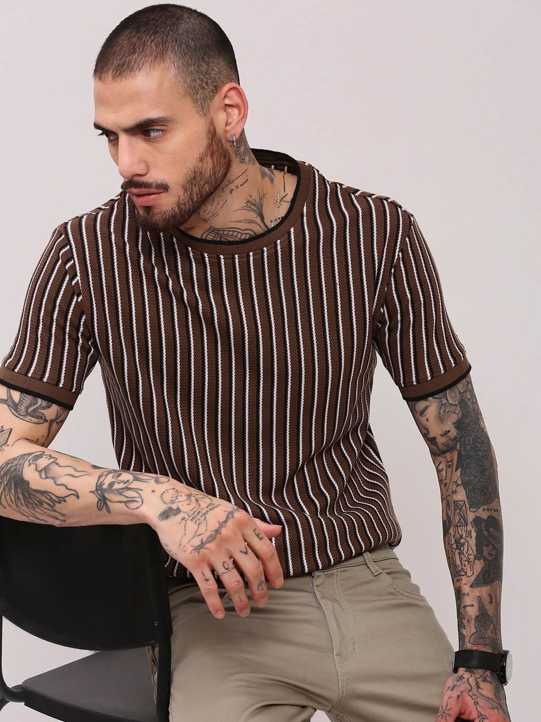 

SHOWOFF Men Striped Round Neck Cotton T-shirt, Brown