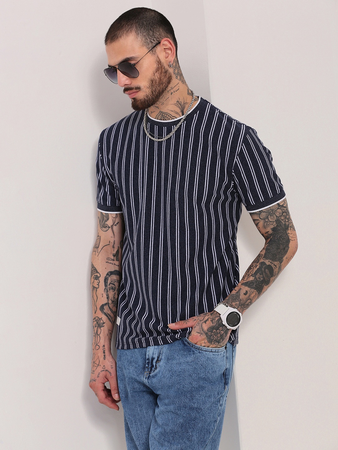 

SHOWOFF Men Striped Round Neck Cotton T-shirt, Navy blue