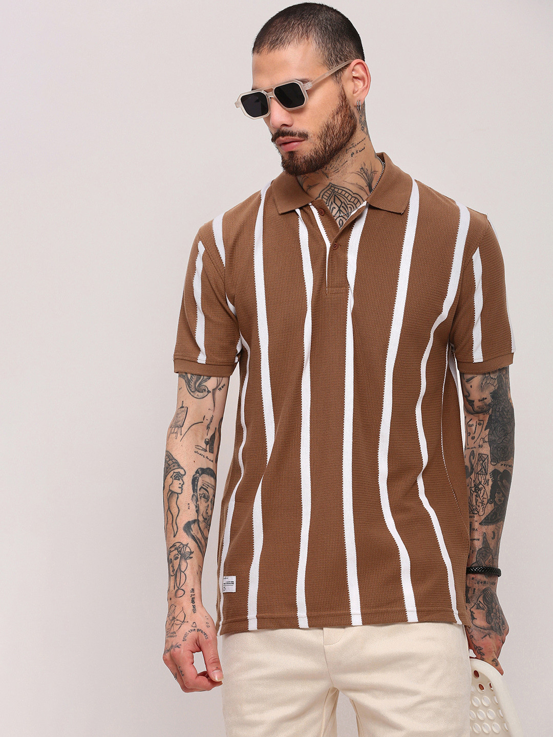 

SHOWOFF Men Striped Polo Collar Slim Fit Cotton T-shirt, Brown