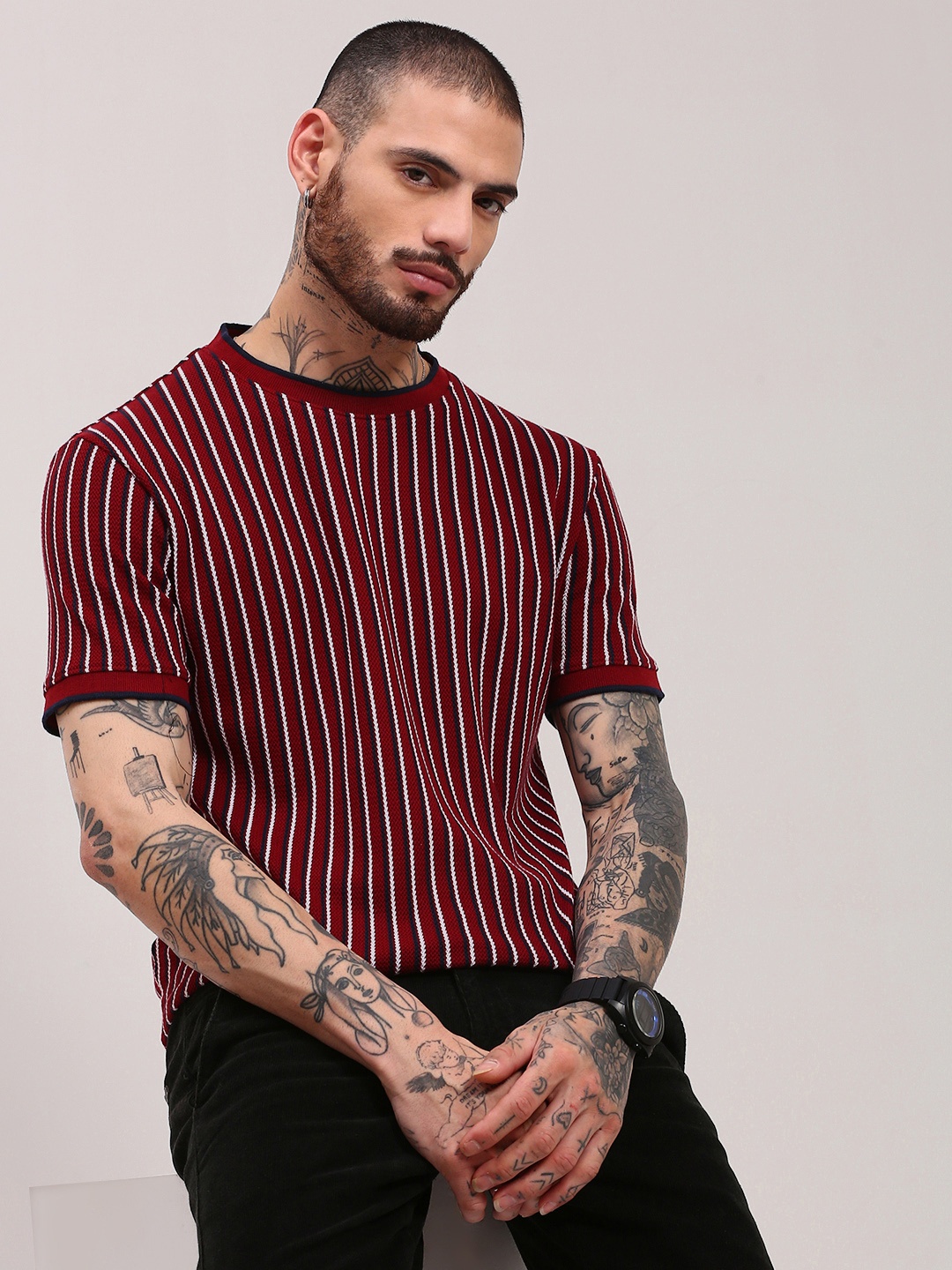 

SHOWOFF Men Striped Round Neck Cotton T-shirt, Red