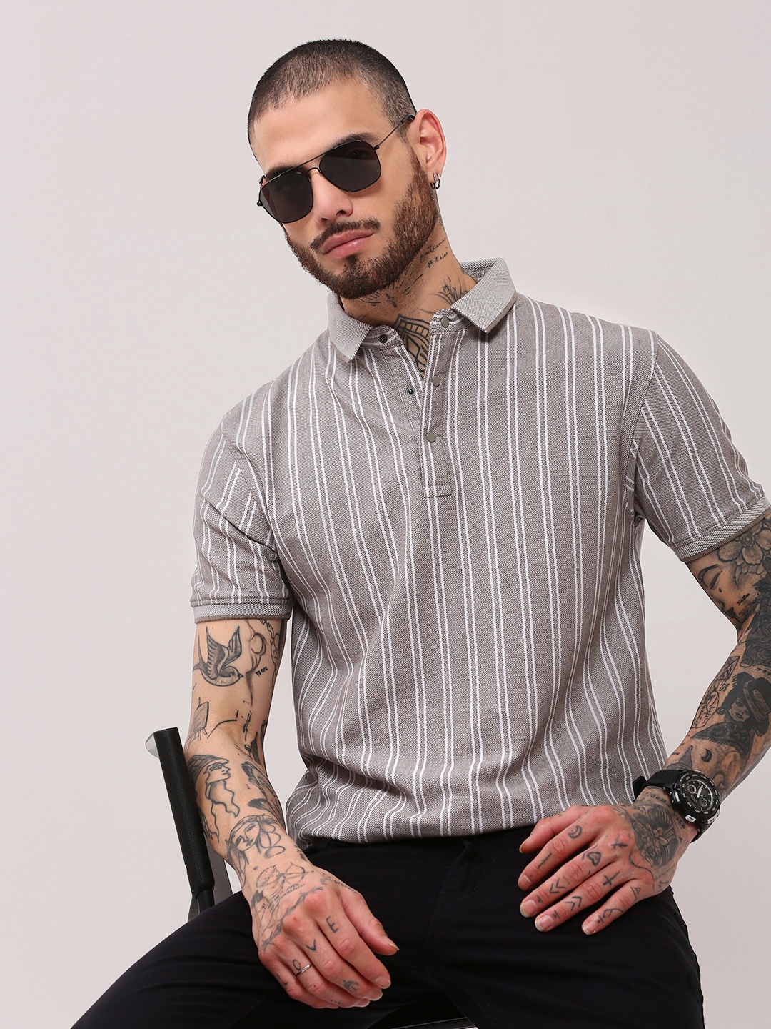 

SHOWOFF Men Striped Polo Collar Cotton T-shirt, Taupe