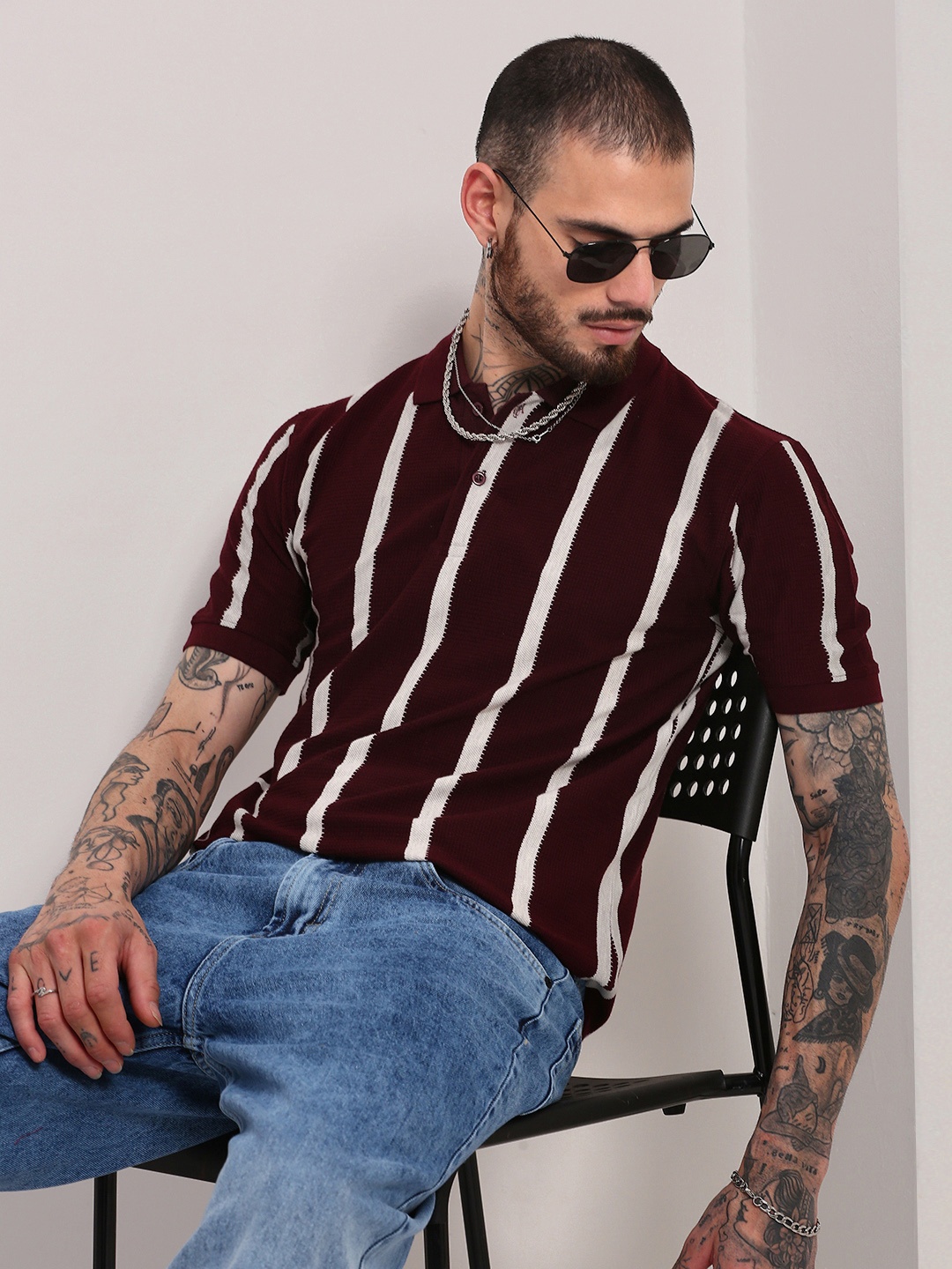 

SHOWOFF Men Striped Polo Collar Cotton T-shirt, Maroon