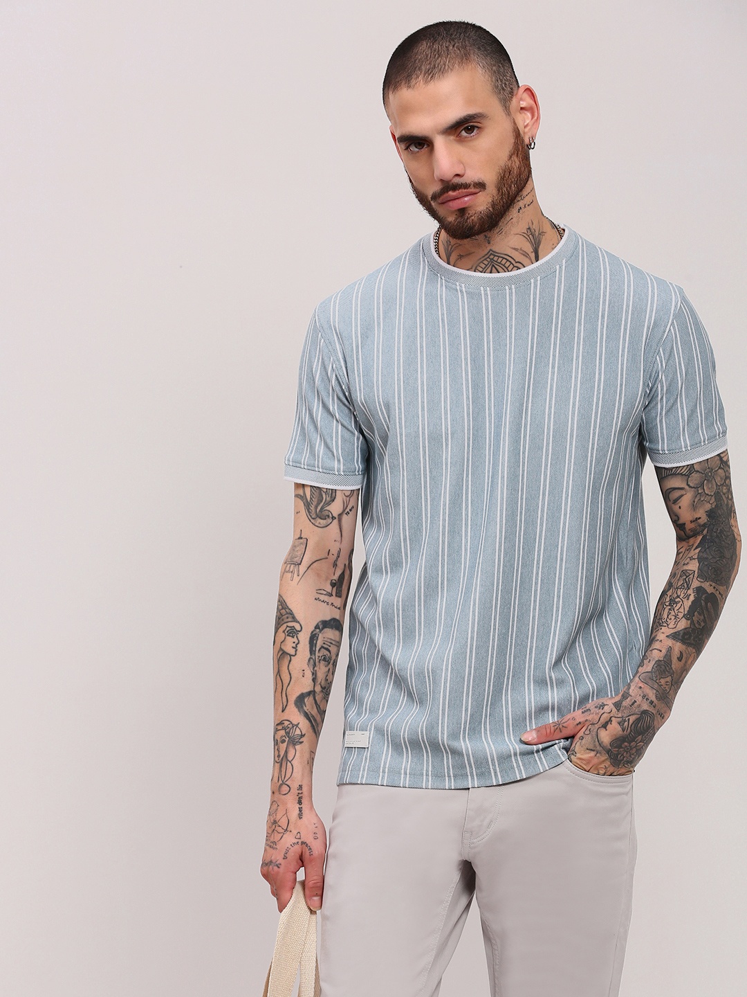

SHOWOFF Men Striped Round Neck Cotton T-shirt, Blue