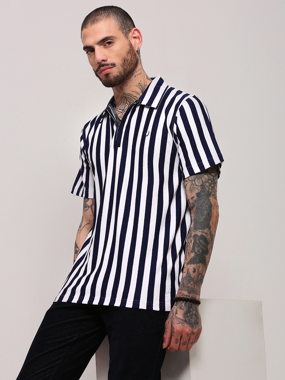 

SHOWOFF Men Striped Polo Collar Cotton T-shirt, White