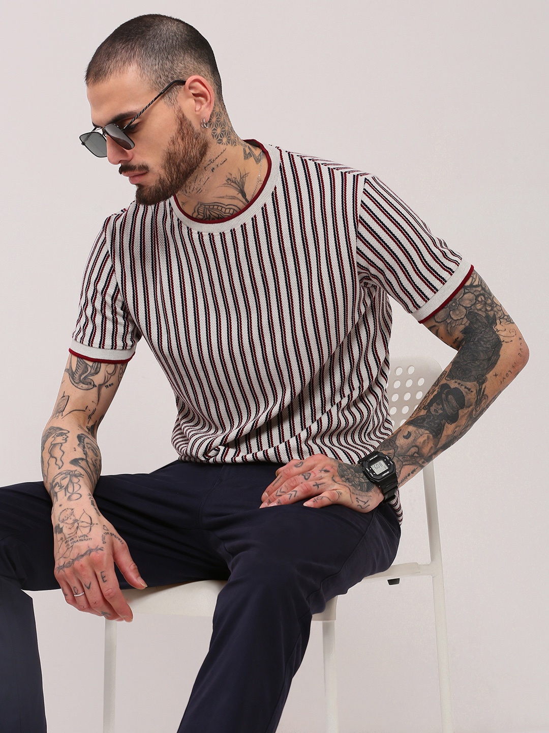 

SHOWOFF Men Striped Round Neck Cotton T-shirt, Grey