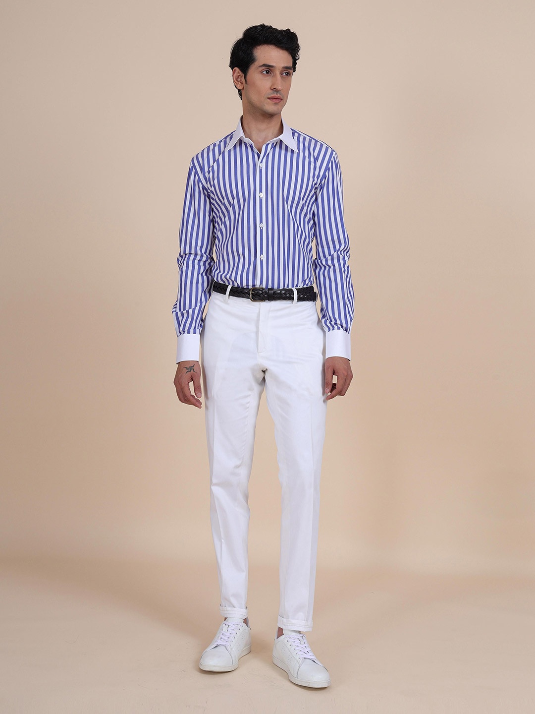 

RR Blue Men Spread Collar Vertical Striped Cotton Casual Shirt