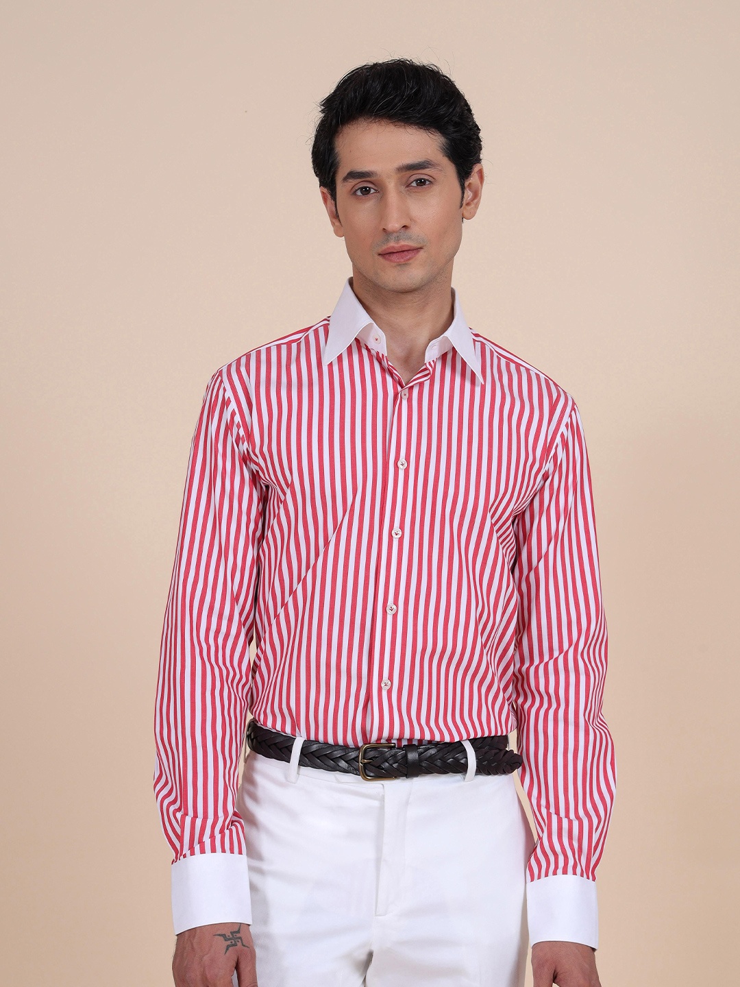 

RR Blue Men Spread Collar Vertical Striped Cotton Formal Shirt, Red