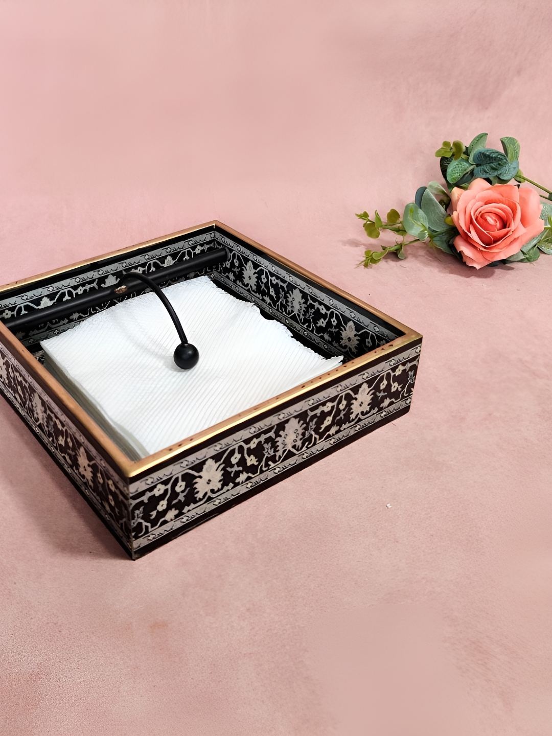 

THE HOME CO. Black Floral Printed Square Shaped Wooden Tissue Holder