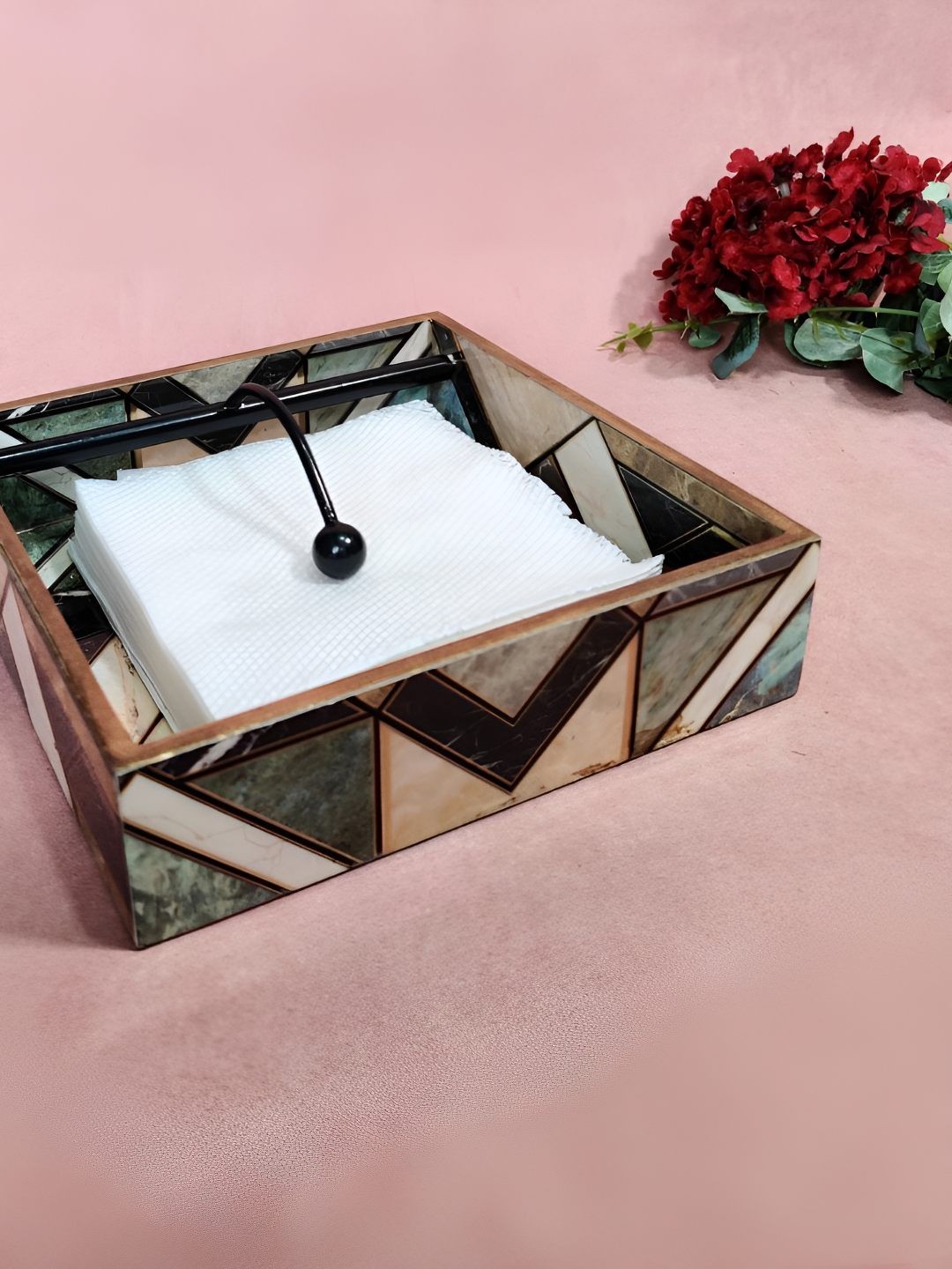 

THE HOME CO. Grey Geometric Printed Square Shaped Wooden Tissue Holder
