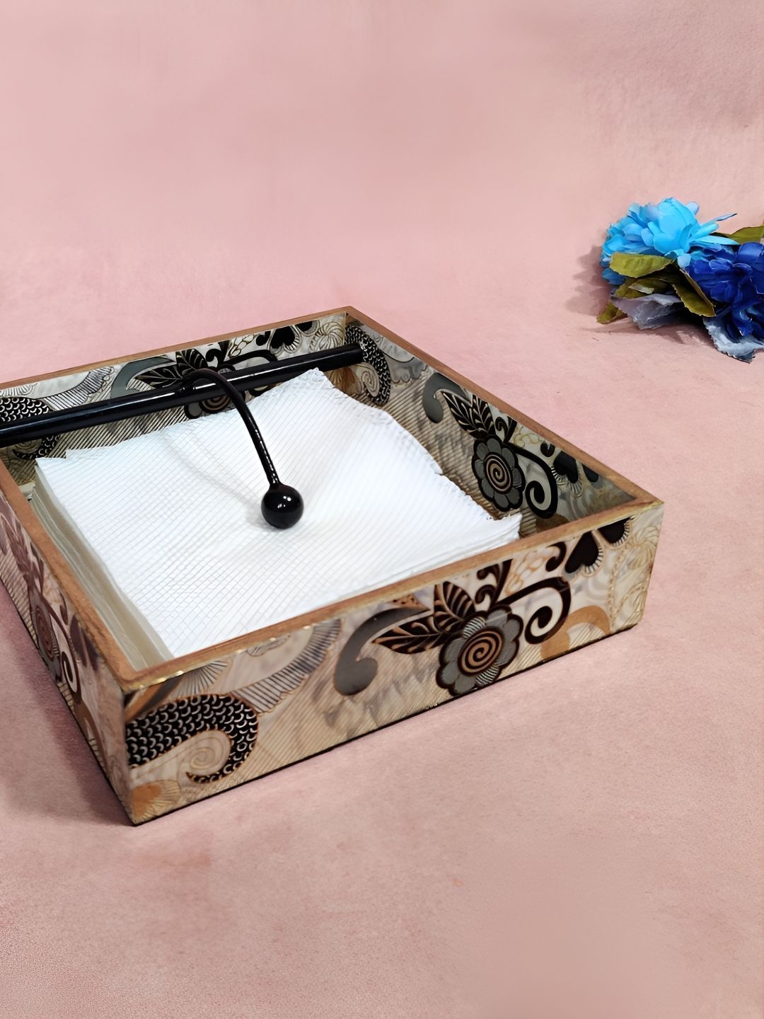 

THE HOME CO. Grey Floral Printed Square Shaped Wooden Tissue Holder
