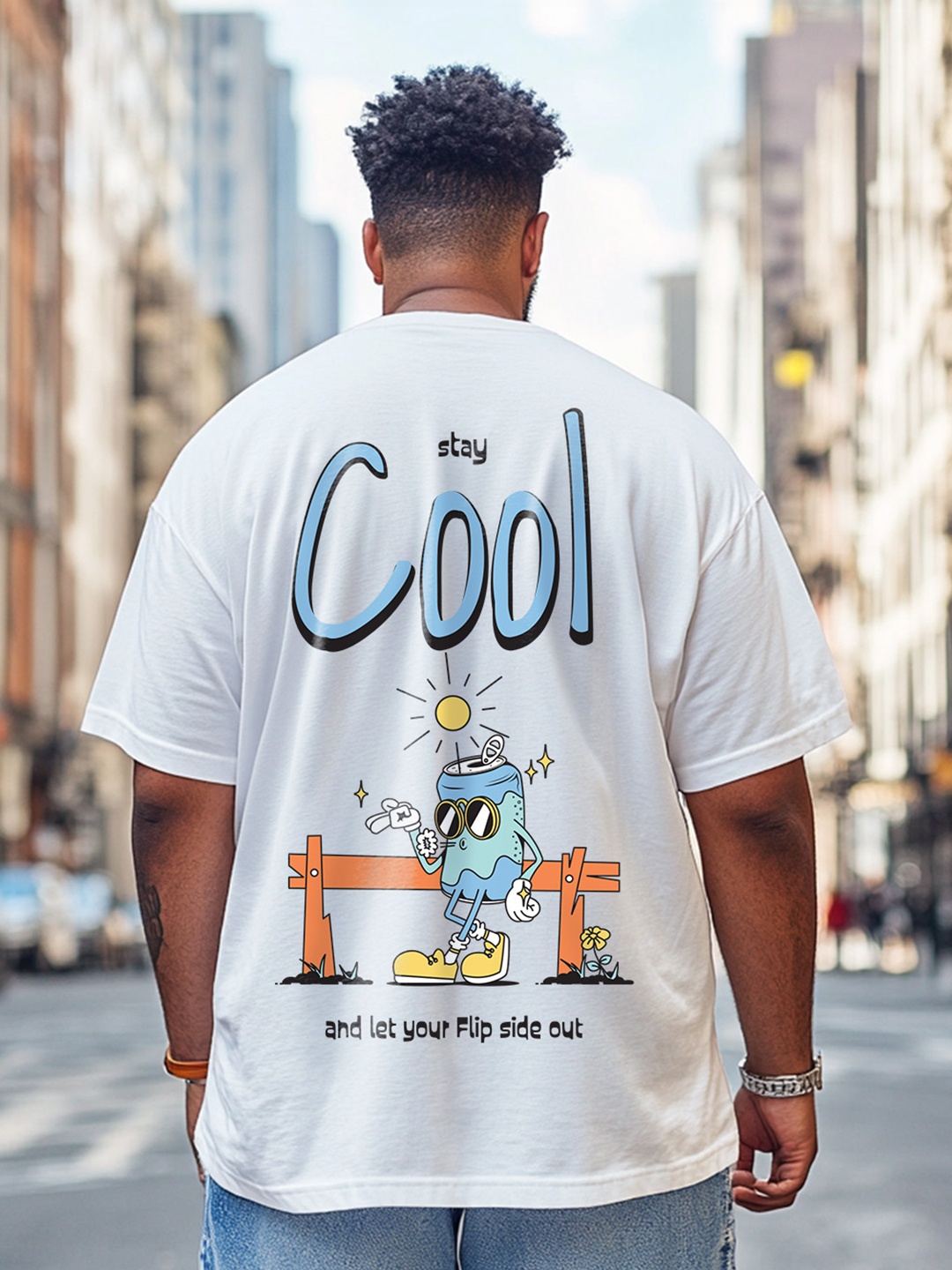 

VEIRDO Men Graphic Printed Round Neck Pure Cotton Relaxed Fit Oversize T-shirt, White