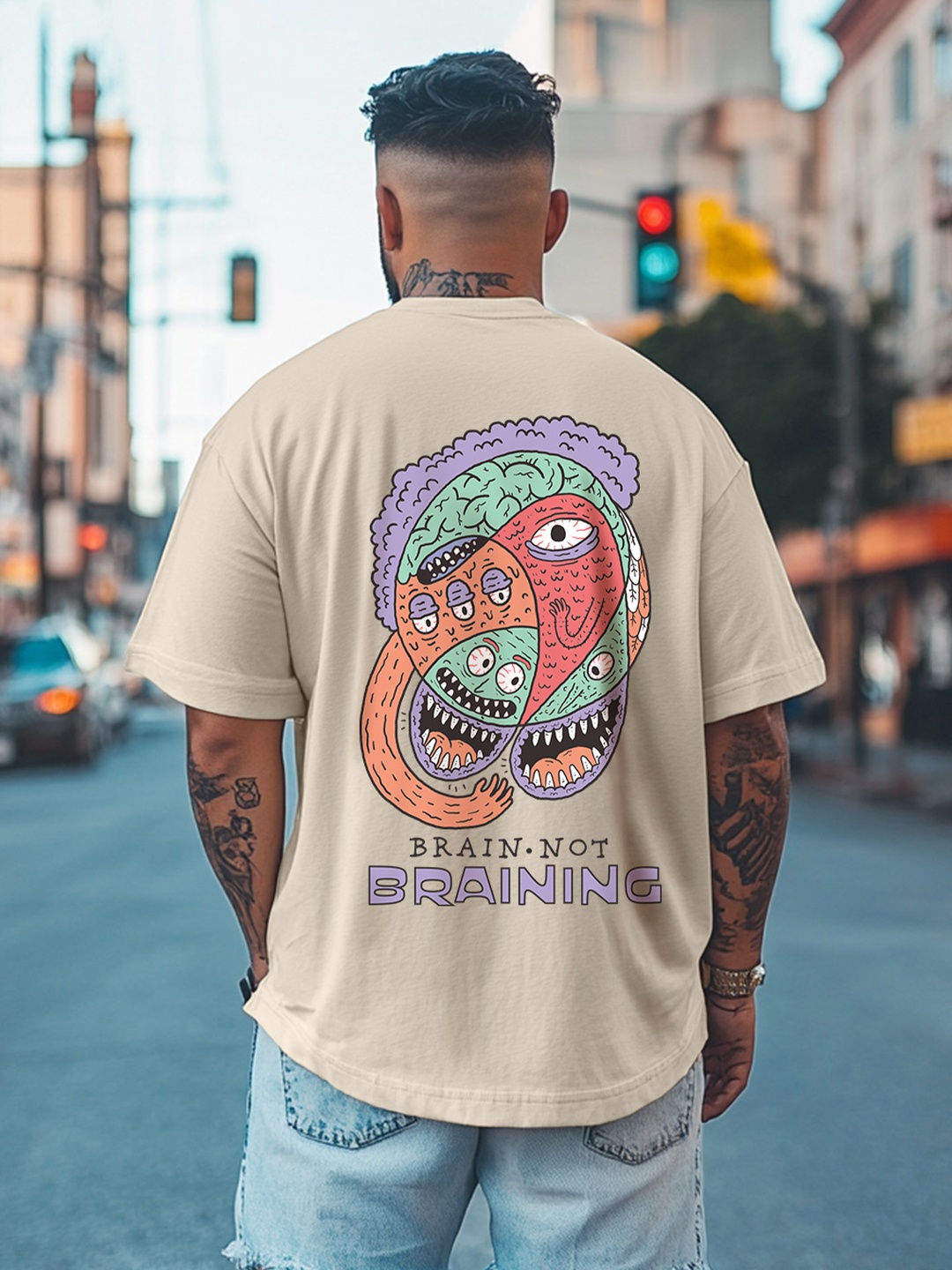 

VEIRDO Men Plus Size Graphic Printed Round Neck Pure Cotton Oversize T-shirt, Beige