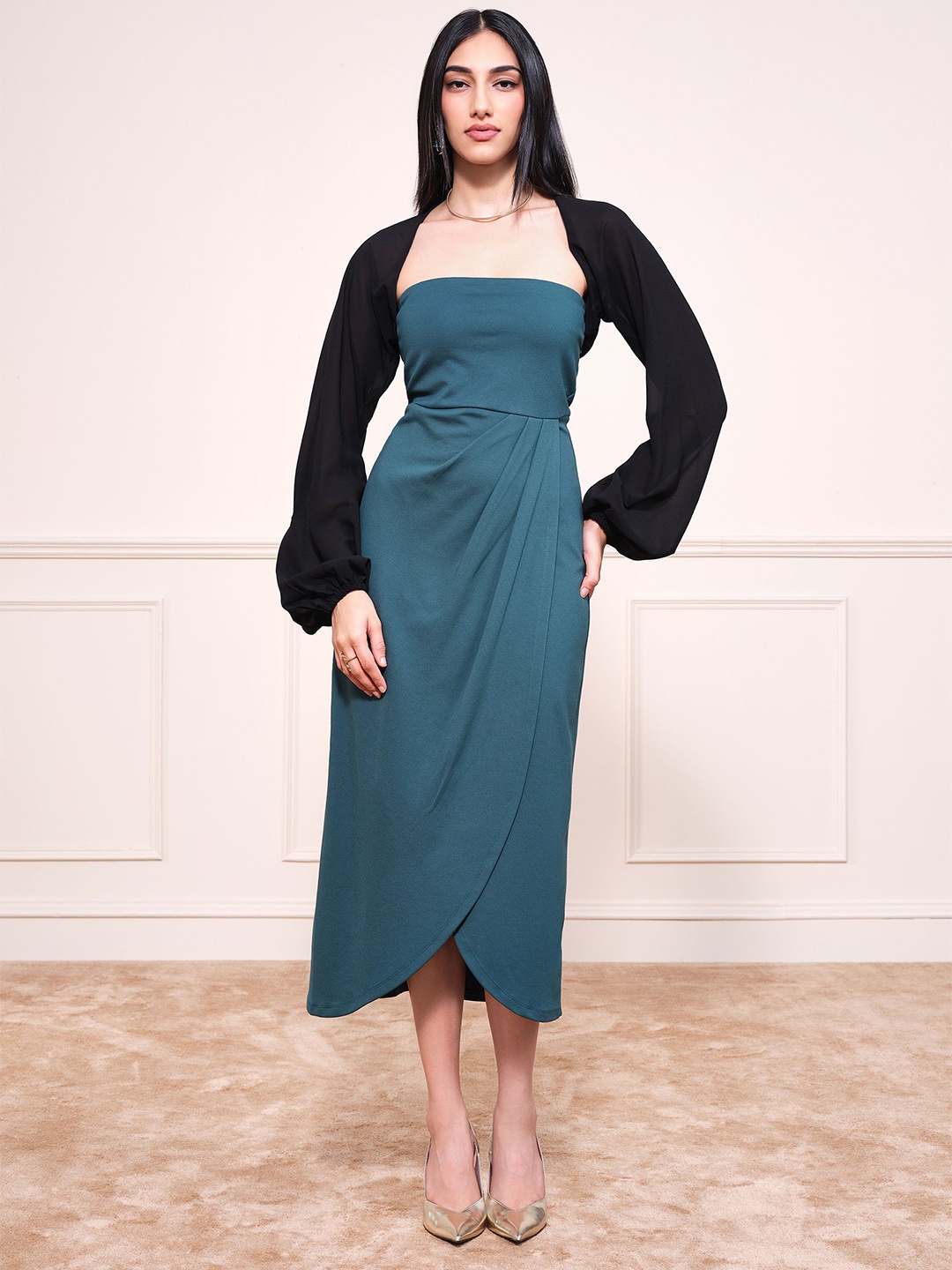 

AND Open Front Long Cuffed Sleeves Crop Shrug, Black