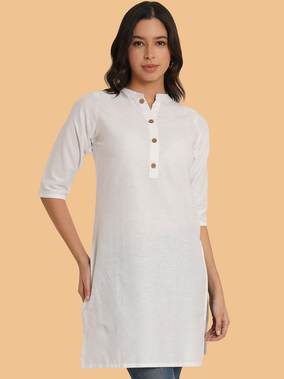 

Brownverse Mandarin Collar Straight Cotton Kurta, White