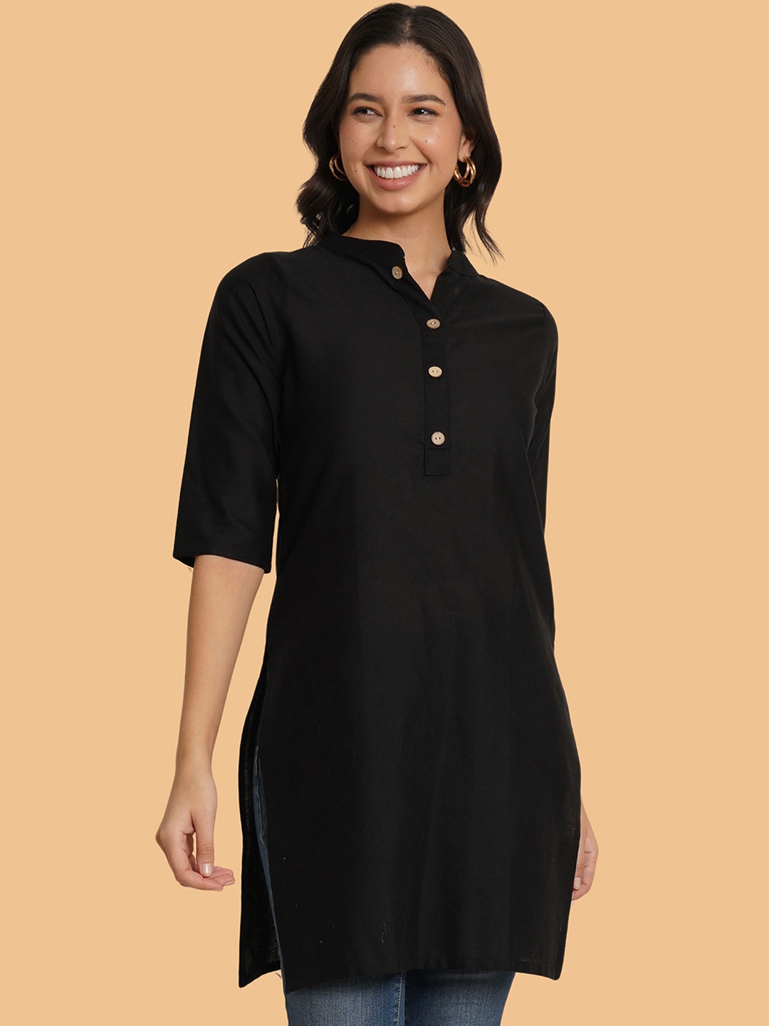 

Brownverse Mandarin Collar Straight Cotton Kurta, Black