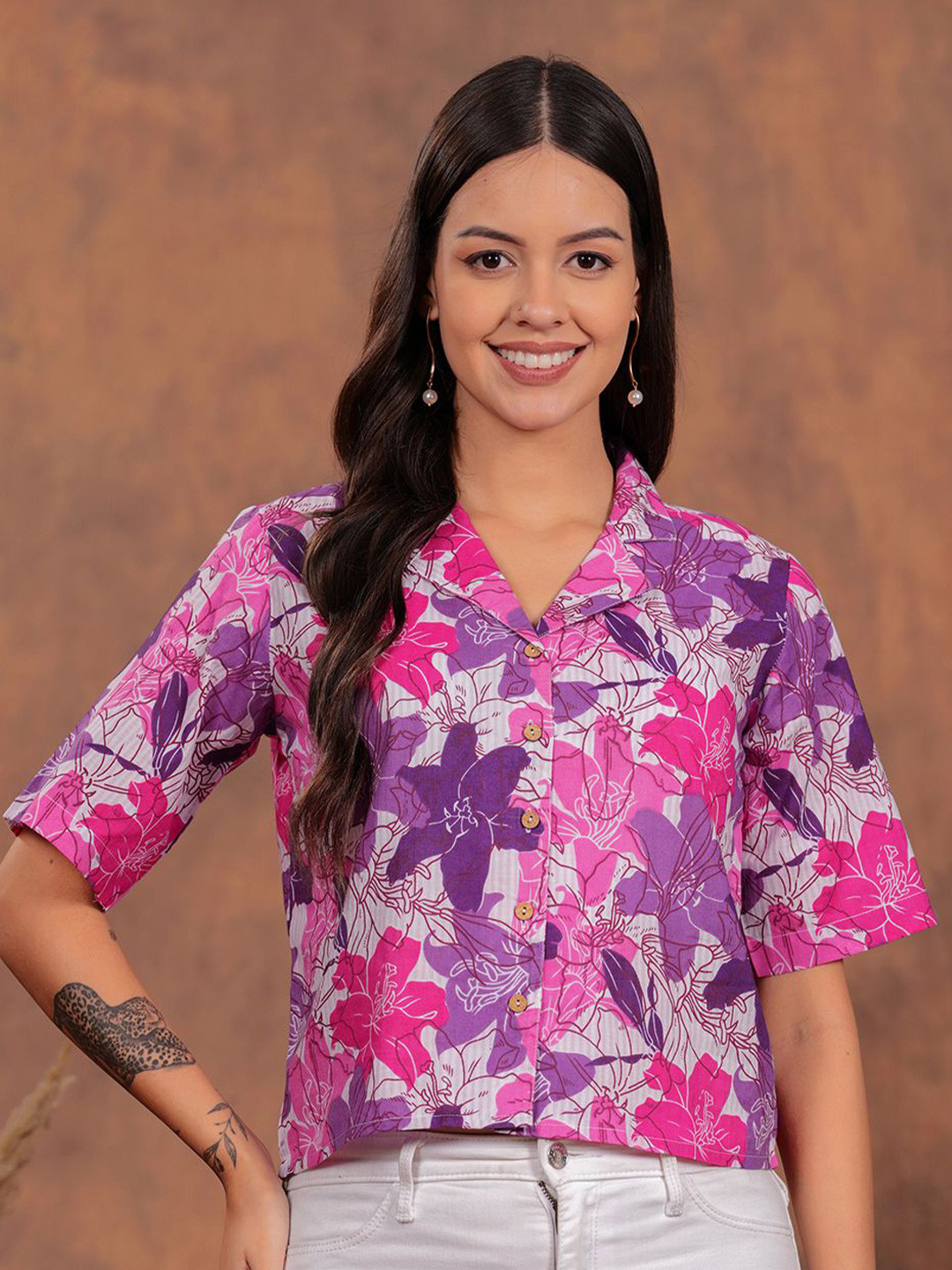 

SHIONS Women Floral Printed Cotton Lapel Collar Shirt Style Crop Top, Purple