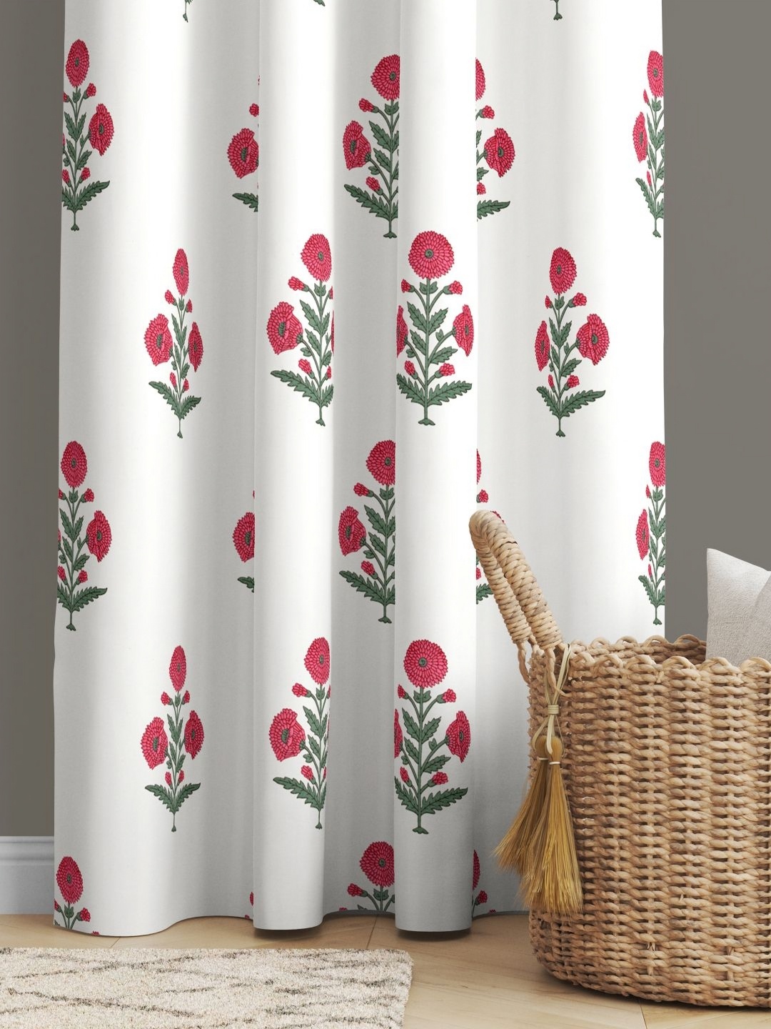 

BED-SHEET.COM Green & Red Floral Printed Cotton Window Curtain
