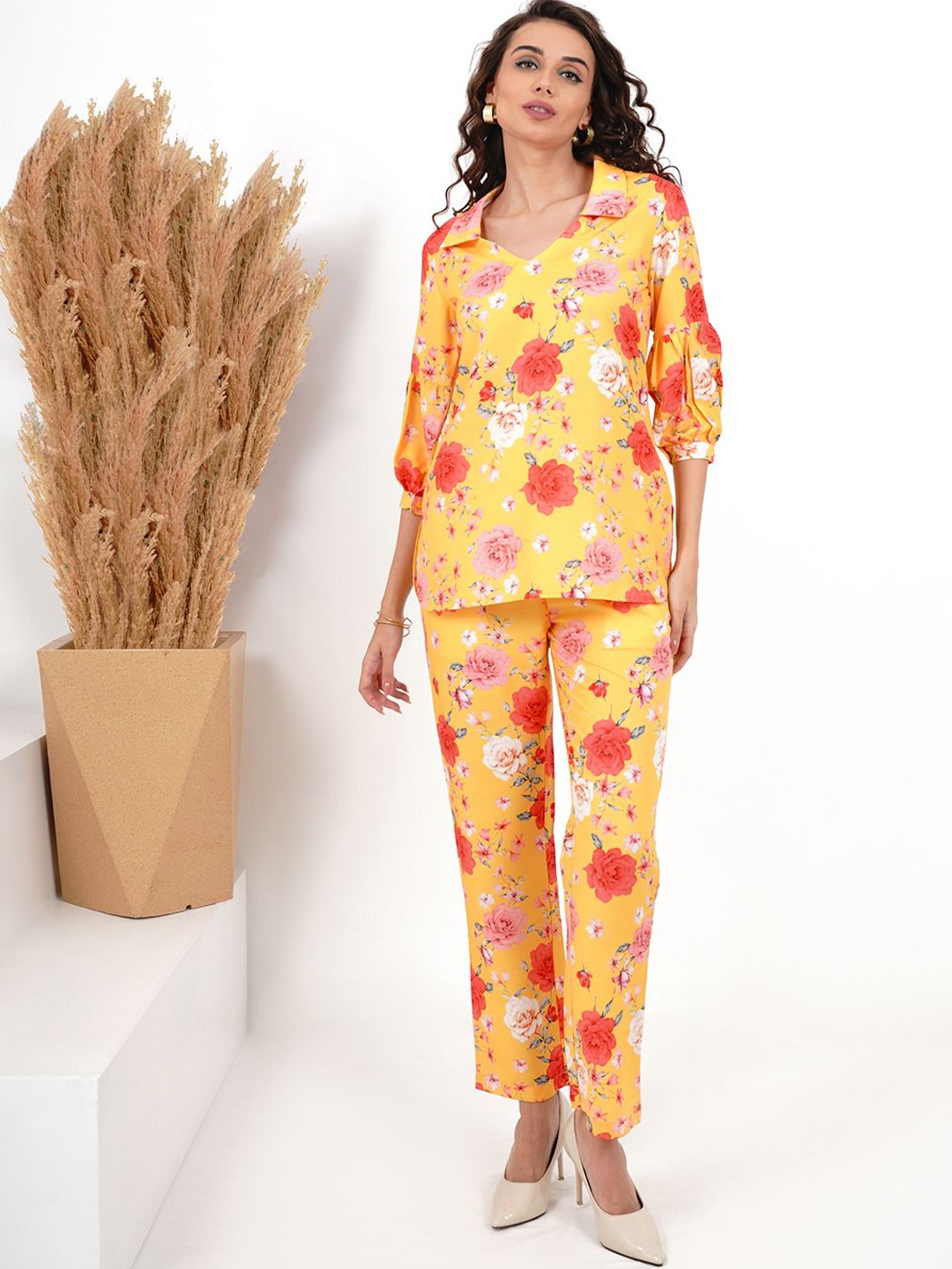 

Slumber Jill Printed Puff Sleeves Top With Trouser, Yellow
