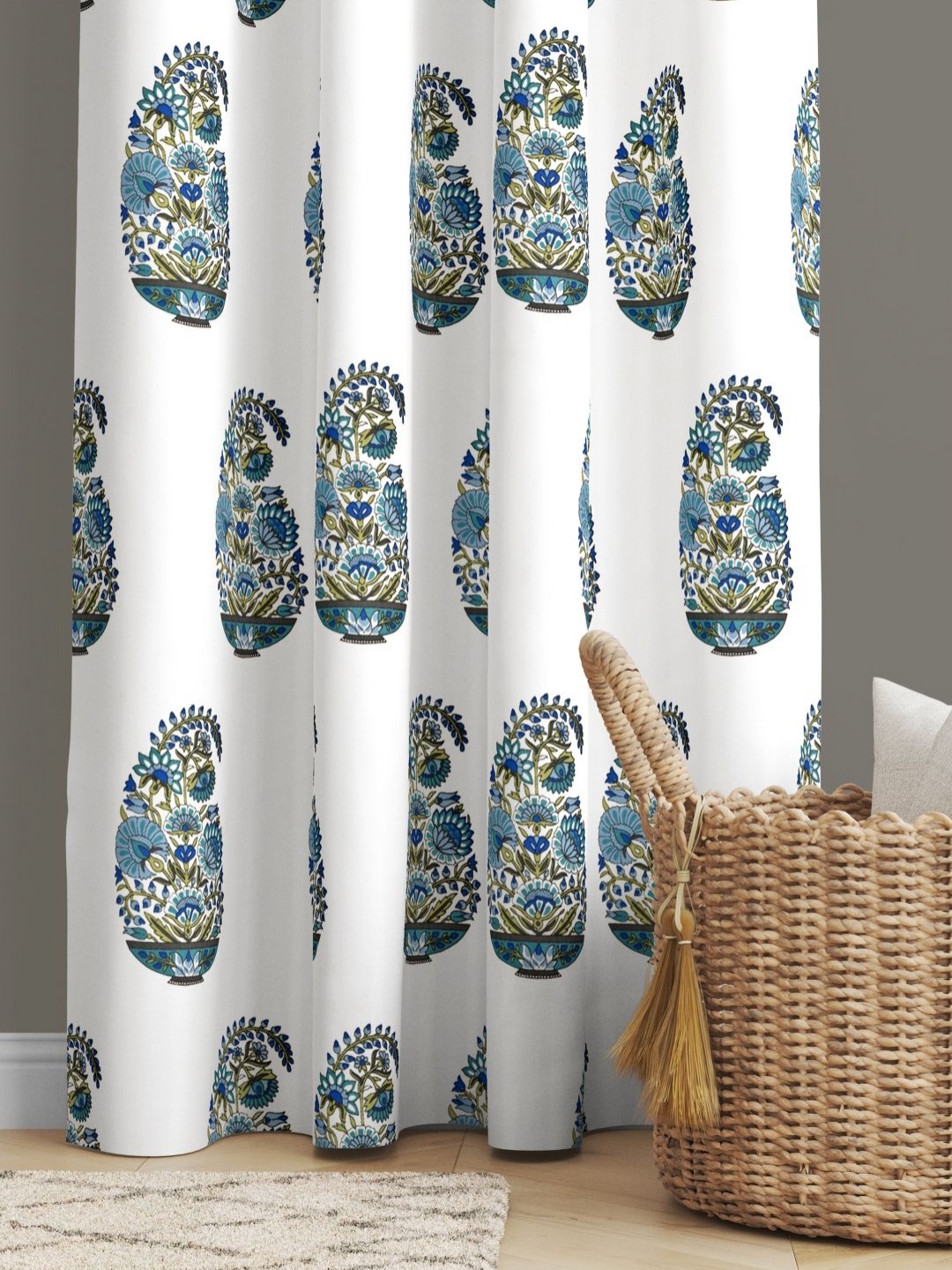 

BED-SHEET.COM White & Green Floral Printed Cotton Window Curtain